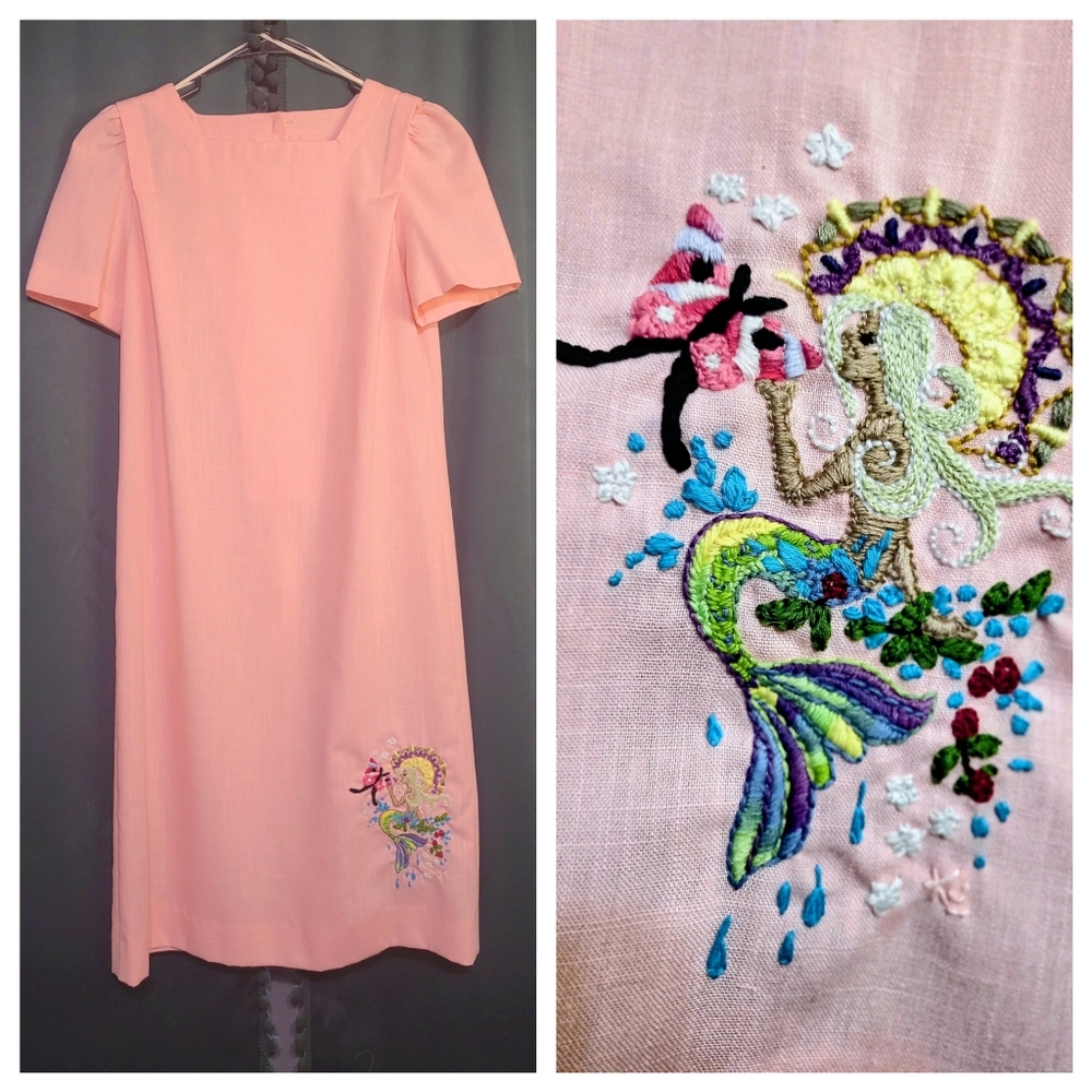 Custom Hand Embroidered Mermaid Vintage Pink Leslie Fay Shift Dress- Size S/M